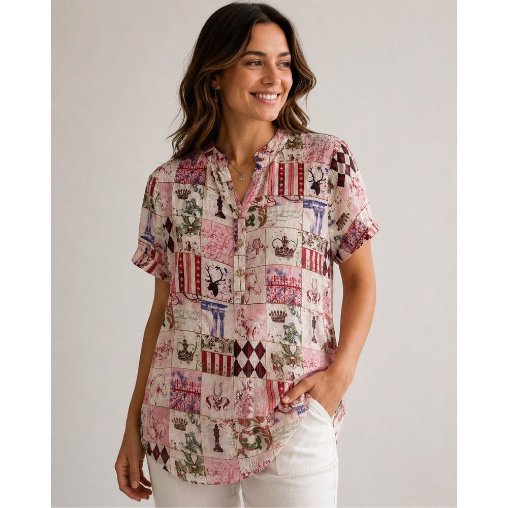 GUI ZU ZHI CHUANG Size 44 Pink Patchwork Novelty Print Blouse